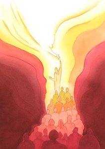 Ved hver messe rækker vi op og møder Faderen gennem offeret af Kristus vort hoved, bundet sammen med hinanden og med ham, 2002 (w/c på papir) af Elizabeth Wang