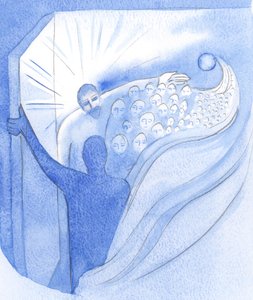 Ved himmelfarten vendte Kristus, vores bror, tilbage til Faderen i triumf og åbnede en vej til himlen for os, 2001 (w/c på papir) af Elizabeth Wang