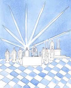 Ved indvielsen ved messen i Blackfriars i Oxford så jeg Kristus stå bag alteret sammen med de dominikanske præster, der fejrede, 2004 (w/c på papir) af Elizabeth Wang