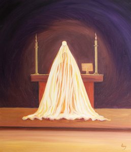 Ved indvielsen er Jesus til stede og elsker os, skønt tilsløret fra vores syn., 2001 (olie om bord) af Elizabeth Wang