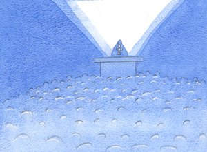 I hjertet af vores fejring er ofringen af det hellige offer, hvorigennem Kristus bønfalder og soner for os, 2002 (w/c på papir) af Elizabeth Wang