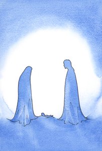 Ved synet af den mirakuløse baby (hvis mor stod foran ham i stadig jomfruelig hellighed) blev St. Joseph kraftigt belønnet for sin tro., 2001 (w/c på papir) af Elizabeth Wang