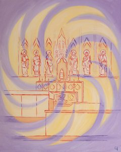 Før tabernaklet er vi i den levende Guds nærvær, hvis treenige herlighed fylder Kirken, 2003 (olie om bord) af Elizabeth Wang