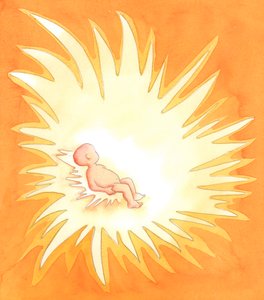 Ved dåben bliver sjælen en ovn af guddommelig kærlighed, da den iboende treenighed - Fader, Søn og Helligånd - udstråler herlighed fra den sjæl over andre, 2001 (w/c på papir) af Elizabeth Wang