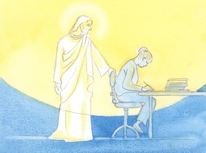 Ved Guds nåde kan hver dag tilbringes i Kristi selskab, som om man lever halvvejs ind i Himlen, gennem hvert øjeblik med arbejde og bøn, 2002 (w/c på papir) af Elizabeth Wang