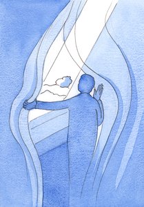 Ved vores inderlige bønner til Vor Velsignede Frue er det, som om vi holder mørkets tråde til side for at lade Himlens lys skinne ned over de nødlidende, 2002 (w/c på papir) af Elizabeth Wang