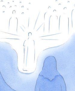 Ved bøn bringes vi meget tæt på himlens hellige, som om himlens bund falder. Alle vores troshandlinger fører os endnu tættere på, 2002 (w/c på papir) af Elizabeth Wang