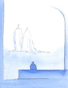 Kristus og Vor Frue var meget tæt på mig og tilbød trøst, efter at jeg havde kæmpet med noget særligt arbejde og adskillige problemer, 2002 (w/c på papir) af Elizabeth Wang