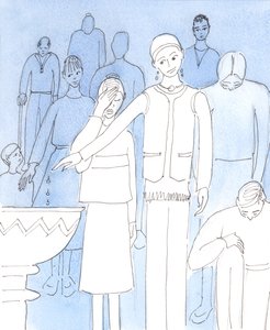 Kristus beder os om at foretage en grundlæggende omvurdering af vores nuværende holdninger og handlinger, der har at gøre med ærbødighed over for ham, 2004 (w/c på papir) af Elizabeth Wang