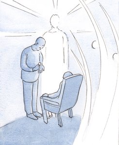 Kristus efterlader os ikke alene i vores sygdom og problemer, men kommer til os i sit sakramente, ledsaget af engle., 2001 (w/c på papir) af Elizabeth Wang