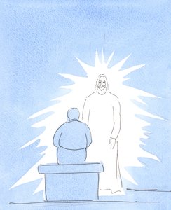 Kristus er kropsligt tilstede i himlen – som er meget tæt på os. Vi er i kontakt med himlen, i vores bøn., 2004 (w/c på papir) af Elizabeth Wang