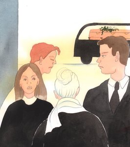 Kristus er glad, når vi træder frem, når folk er i sorg, for at tilbyde trøst eller for at spørge venligt ind - selv om de mennesker er fremmede, 2005 (akvarel på papir) af Elizabeth Wang