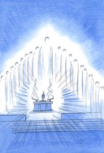 Kristus er til stede sammen med sine hellige engle ved vores novena og velsignelse; og Vor Frue glæder sig over vores uforskammede hengivenhed, 2002 (w/c på papir) af Elizabeth Wang