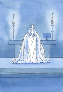 Kristus er virkelig til stede, men det er, som om et slør skjuler ham for vores blik., 2001 (w/c på papir) af Elizabeth Wang