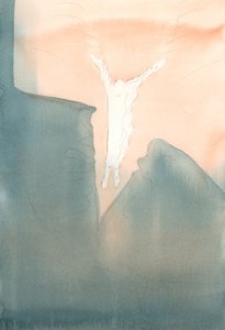 Kristus springer kærligt ind i vores hjertes frygtede mørke dybder., 2001 (w/c på papir) af Elizabeth Wang