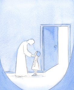 Kristus, som en ældre bror eller ven, glæder sig over vores bestræbelser på at være klar til fejringen af messen, 2002 (w/c på papir) af Elizabeth Wang