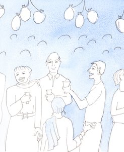 Kristus ser på med glæde, når vi fejrer livet eller gode nyheder ved at dele mad og drikke med venner, til en fest, i ægte gensidig glæde, med et ønske om at give glæde og trøste trætte hjerter. Hiv af Elizabeth Wang