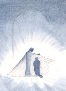 Kristus fik mig til at se guldkappen, som jeg nu bærer, gennem sin generøsitet, 2000 (w/c på papir) af Elizabeth Wang