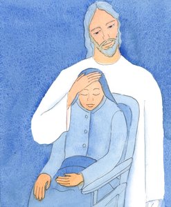 Kristus tilbyder trøst til enhver; men hvis vi nægter at nærme os ham, kan vi ikke modtage hans hjælp, 2004 (w/c på papir) af Elizabeth Wang