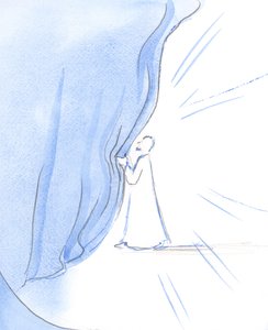 Kristus skubbede et gardin til side og afslørede flere af de glæder, som vil glæde dem, der elsker ham til enden, 2002 (w/c på papir) af Elizabeth Wang