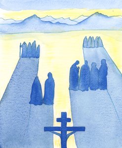 Kristus så fra korset en skare af tilskuere: de forundrede, de nysgerrige, de fjendtlige og de sympatiske, 2003 (w/c på papir) af Elizabeth Wang