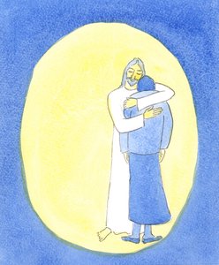Kristus viste mig i nadveren, at han krammede mig, som man krammer et barn for at trøste hende, for at hjælpe mig gennem mine vanskeligheder., 2004 (w/c på papir) af Elizabeth Wang