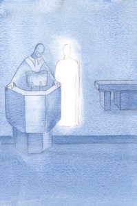 Kristus stod ved siden af præsten, som læste det hellige evangelium for os alle, hvilket var Kristi eget ord., 2000 (w/c på papir) af Elizabeth Wang