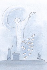 Kristus stod i helligdommen, hans øjne løftede op mod himlen, offerflammer nær hans klæder, 2000 (w/c på papir) af Elizabeth Wang