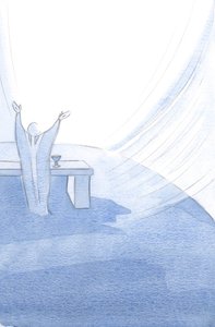 Kristus opretholder sin hellige kirke i hvert øjeblik af hendes liv, armene strakte ud, mens han ofrer sit hellige offer., 2001 (w/c på papir) af Elizabeth Wang