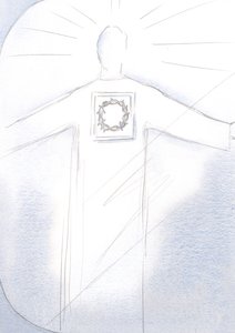 Ypperstepræsten Kristus optræder i majestæt, hans kappe bærer billedet af Tornekronen, 2001 (w/c på papir) af Elizabeth Wang