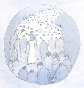 Kristus gik midt blandt sit folk, et barn på sine skuldre, med pilgrimme og syge., 2001 (w/c på papir) af Elizabeth Wang