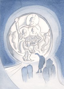 Kristus byder den angrende og villige sjæl velkommen i hjertet af den hellige treenighed. "De, der gemmer sig i ham, skal ikke dømmes" (Sl 33), 2001 (w/c på papir) af Elizabeth Wang