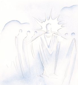 Kristus, som er døren, fører os frem og tilbage i himmelsk selskab, 2000 (w/c på papir) af Elizabeth Wang