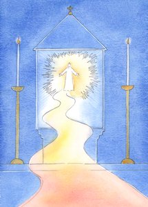 Kristus, der byder os velkommen til tabernaklet, venter også på at byde os velkommen i Himlen - hvis vi har omvendt os fra vores synder, 2003 (w/c på papir) af Elizabeth Wang