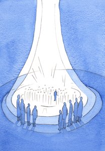 Kristi offer - ofret fra jorden - er som et fyrtårn af lys før himlen, 2002 (w/c på papir) af Elizabeth Wang