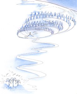 Kristi korsværk er det centrale punkt i hele historien, 2003 (w/c på papir) af Elizabeth Wang