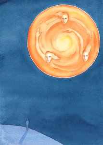 Hver person på jorden, arret af arvesynden, inviteres til at dele livet med de tre guddommelige personer, én gud, som lever i uendelig glæde og udstråling, 2003 (w/c på papir) af Elizabeth Wang