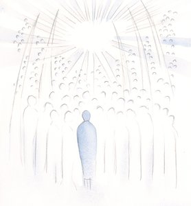 Hver person, vi beder for, bliver løftet ind i Guds lys og hjulpet af de helliges bønner, 2000 (w/c på papir) af Elizabeth Wang