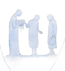 Hver gang vi beder Kristus om at belønne en venlig næste, giver han vidunderlige gaver til denne person gennem vores bøn., 2000 (w/c på papir) af Elizabeth Wang
