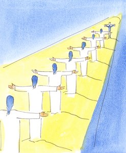 Lige siden dengang Kristus ofrede sit liv for syndere, på Golgata, og bad om, at vi skulle blive tilgivet, 2004 (w/c på papir) af Elizabeth Wang