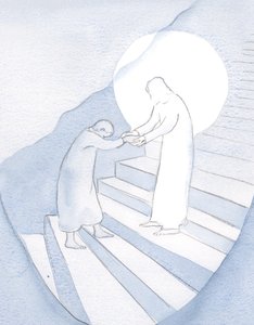 Hver lille selvsikker bøn gør Kristus i stand til at føre os videre op på det hellige bjerg. Men han tegner os ikke uden vores samtykke., 2001 (w/c på papir) af Elizabeth Wang