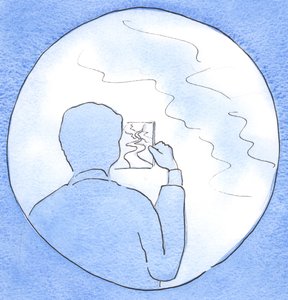 Tro er som et særligt stykke glas, givet til en halvblind person i et tåget land: et glas, hvorigennem han kan få et klart udsyn over vejen forude, 2003 (w/c på papir) af Elizabeth Wang