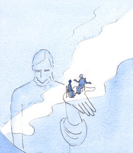 Gud fastholder alle ting og alle mennesker, inklusive dem der sætter spørgsmålstegn ved hans eksistens, 2003 (w/c på papir) af Elizabeth Wang