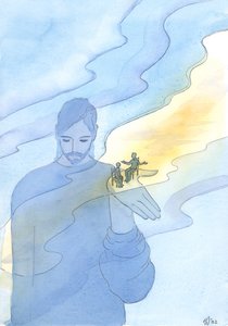 Gud fastholder alle ting og alle mennesker, inklusive dem der sætter spørgsmålstegn ved hans eksistens, 2003 (w/c på papir) af Elizabeth Wang