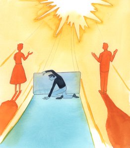 Gud holder aldrig op med at udgyde sin kærlighed og tilgivelse til os alle; men en person, der gemmer sig bag sine synder ved at nægte at give slip på dem, forhindrer den guddommelige kærlighed og tilgivelse i at nå frem til ham, 2005 (akvarel på papir). af Elizabeth Wang