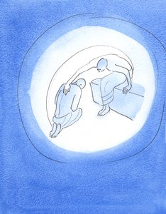 Gud Faderen, der er klar over de forfærdelige omkostninger ved inkarnationen, rækker ud gennem sin Helligånd til sin elskede søn, som villigt giver sit samtykke til at komme til jorden for vores frelse, 2003 (w/c på papir) af Elizabeth Wang