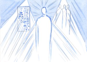 Gud, kilden til alt lys og visdom, nærer os gennem ord og gennem lærere; men i nadver møder vi den guddommelige søn, hele personen, 2001 (w/c på papir) af Elizabeth Wang