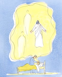 Guds gave til de syge er Jesus Kristus selv, med Faderen og Helligånden, Én Gud - på arbejde i dette sakramente, 2004 (w/c på papir) af Elizabeth Wang