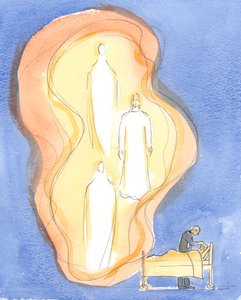 Guds gave til de syge er Jesus Kristus selv, med Faderen og Helligånden, Én Gud - på arbejde i dette sakramente, 2004 (w/c på papir) af Elizabeth Wang