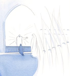 Han indikerede sin hellige moder og alle englene og de hellige og sagde, at vi har mange hellige venner, der længes efter at hjælpe os og ikke behøver at være ensomme., 2000 (w/c på papir) af Elizabeth Wang